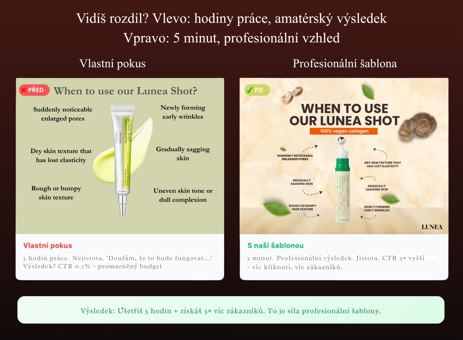 Porovnání reklamy Před a Po: amatérský pokus vlevo a profesionální QuickDigital šablona vpravo